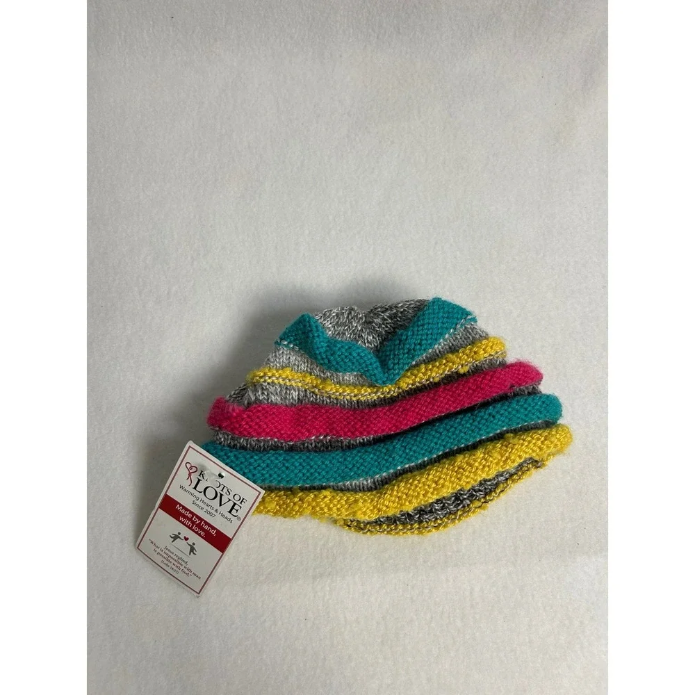 Handmade Knit Knots of Love Small Multi-Color Striped Garter Stitch‎ Beanie Hat